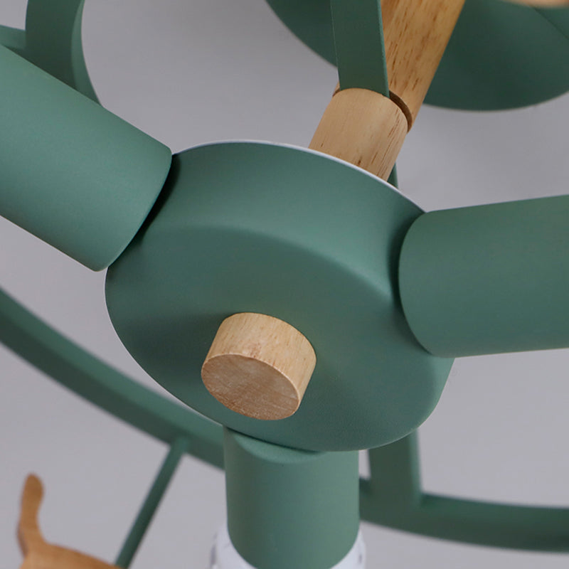 Macaron Merry-go-round Ceiling Light Metal Wood 3 Lights Green Semi Flush Light for Dining Room