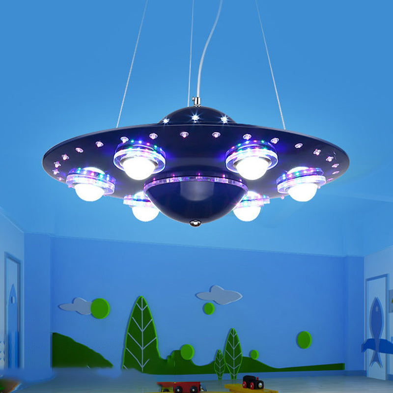 Modern Style Blue Chandelier UFO Six Lights Metal Pendant Lamp for Child Bedroom