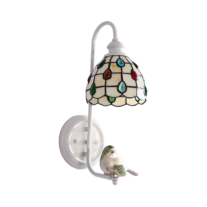 1 Head Sconce Light Tiffany Dome/House Stained Glass Wall Light Fixture in White with Square/Sunflower/Diamond Pattern