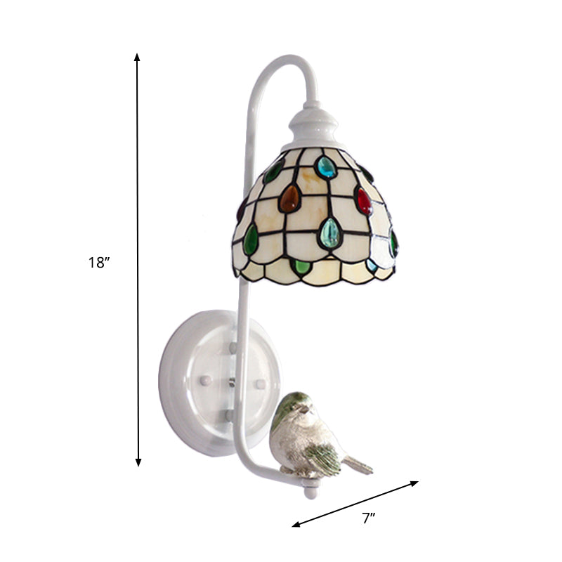 1 Head Sconce Light Tiffany Dome/House Stained Glass Wall Light Fixture in White with Square/Sunflower/Diamond Pattern