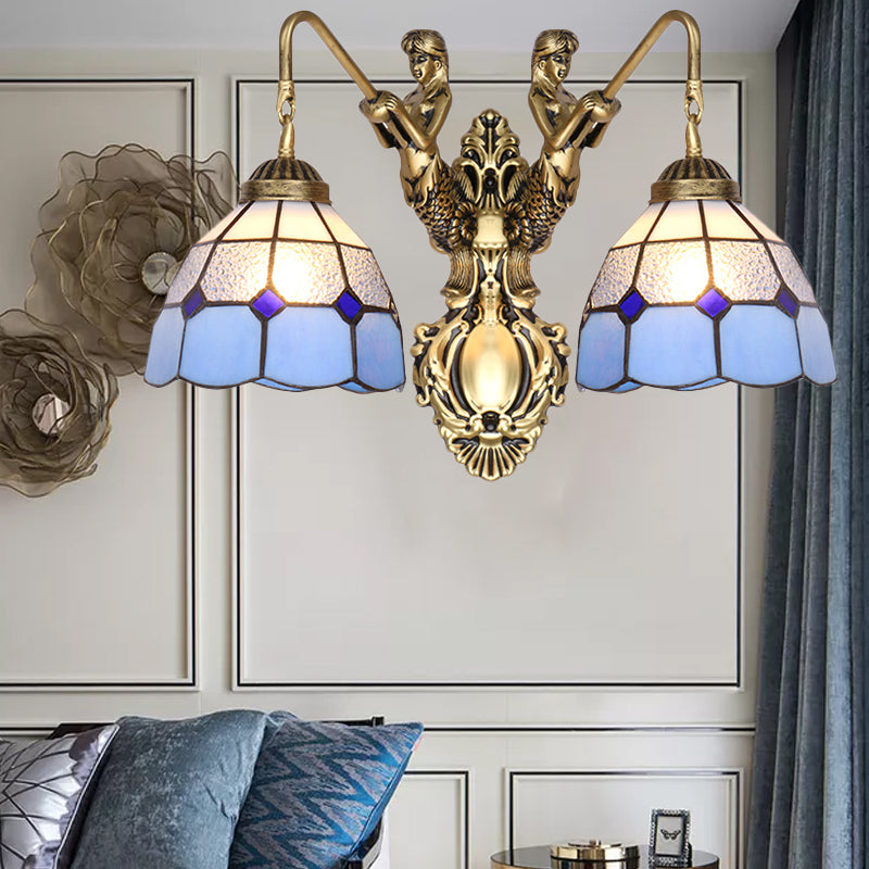 Blue Glass Brass Wall Light Fixture Dome 2 Heads Tiffany Sconce Lighting with Mermaid Backplate