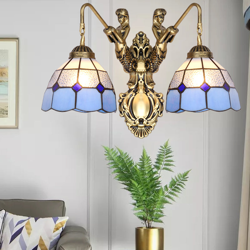 Blue Glass Brass Wall Light Fixture Dome 2 Heads Tiffany Sconce Lighting with Mermaid Backplate