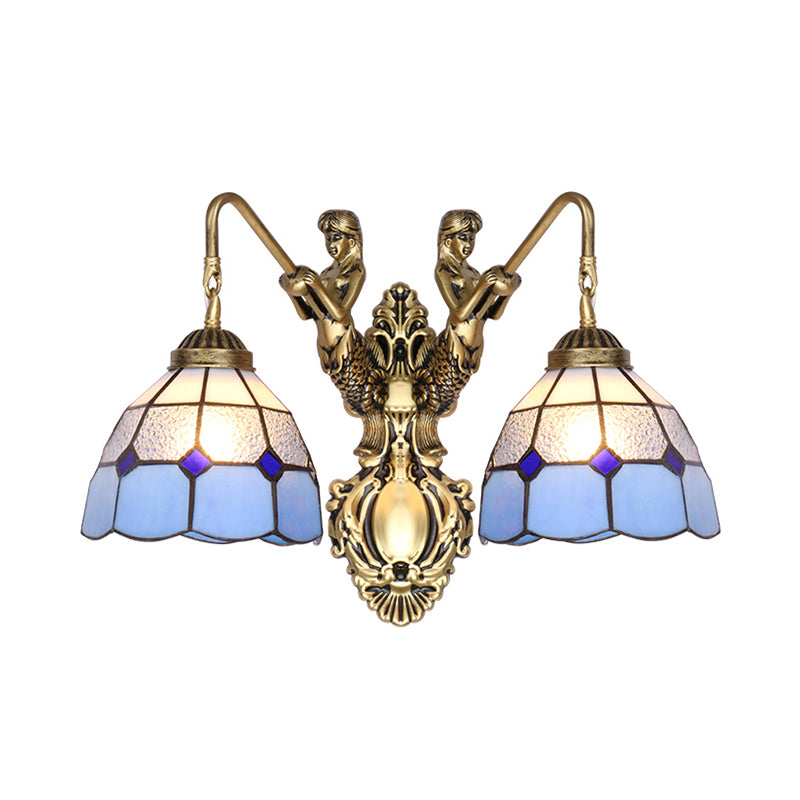 Blue Glass Brass Wall Light Fixture Dome 2 Heads Tiffany Sconce Lighting with Mermaid Backplate