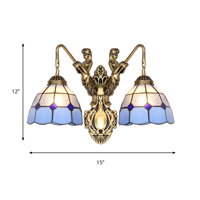 Blue Glass Brass Wall Light Fixture Dome 2 Heads Tiffany Sconce Lighting with Mermaid Backplate