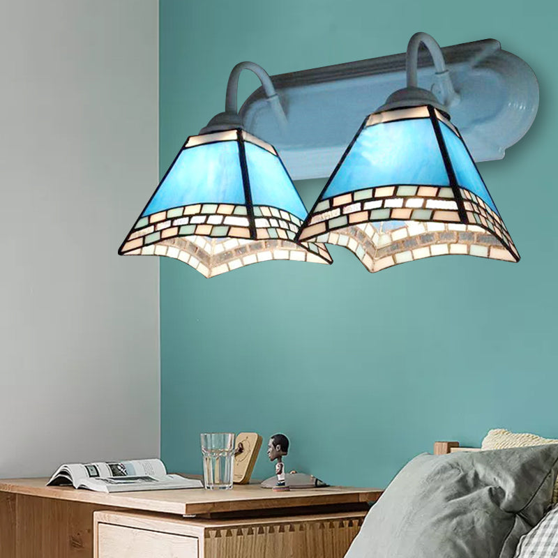 2 Heads Pyramid Wall Lamp with Blue Glass Shade Nautical Wall Mount Light for Bathroom