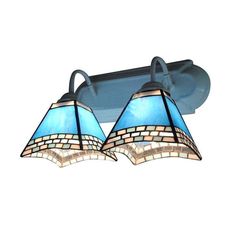 2 Heads Pyramid Wall Lamp with Blue Glass Shade Nautical Wall Mount Light for Bathroom
