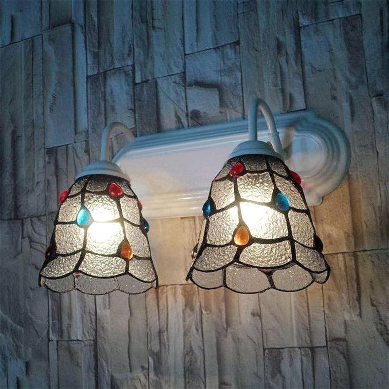 Dimpled Glass Bell Wall Lighting Tiffany Style 2 Heads Wall Sconce Light in White Finish for Bedroom