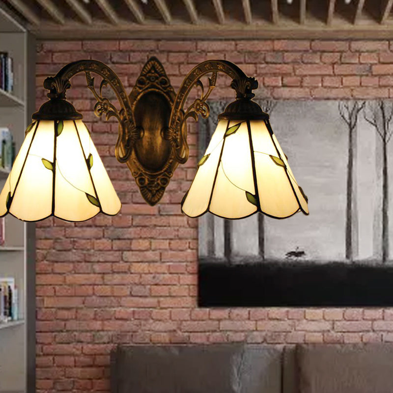 2 Lights Leaf Wall Mount Light with Curved Arm Lodge Style Stained Glass Wall Lamp in Beige