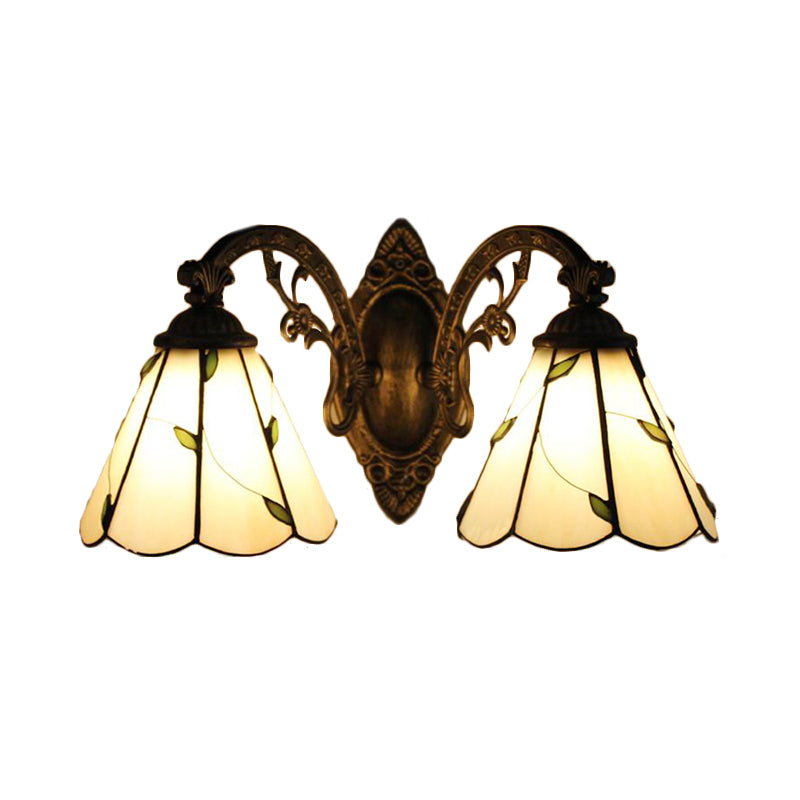 2 Lights Leaf Wall Mount Light with Curved Arm Lodge Style Stained Glass Wall Lamp in Beige