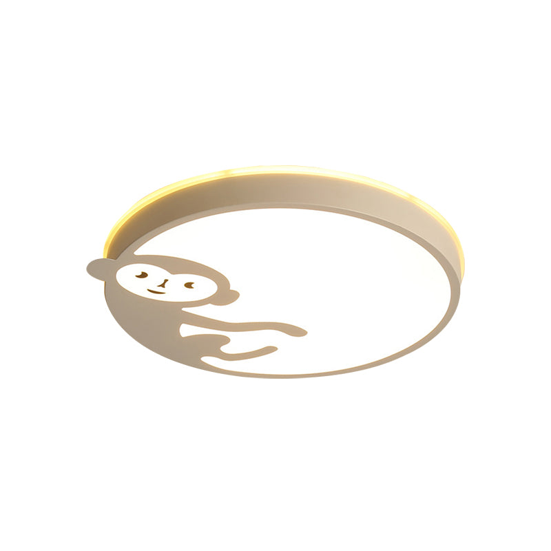 Round Child Bedroom Ceiling Mount Light with Monkey Metal Acrylic Kids Ceiling Fixture in White
