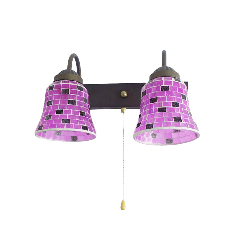 Stained Glass Bell Wall Mounted Light 2 Heads Yellow/Pink/Orange Sconce Light Fixture with Pull Chain Switch