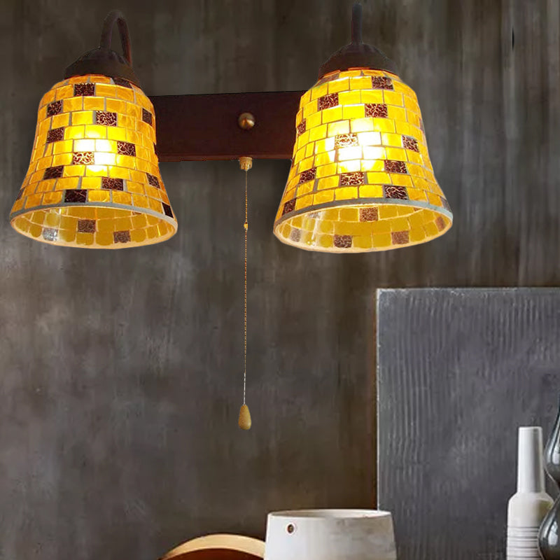 Stained Glass Bell Wall Mounted Light 2 Heads Yellow/Pink/Orange Sconce Light Fixture with Pull Chain Switch