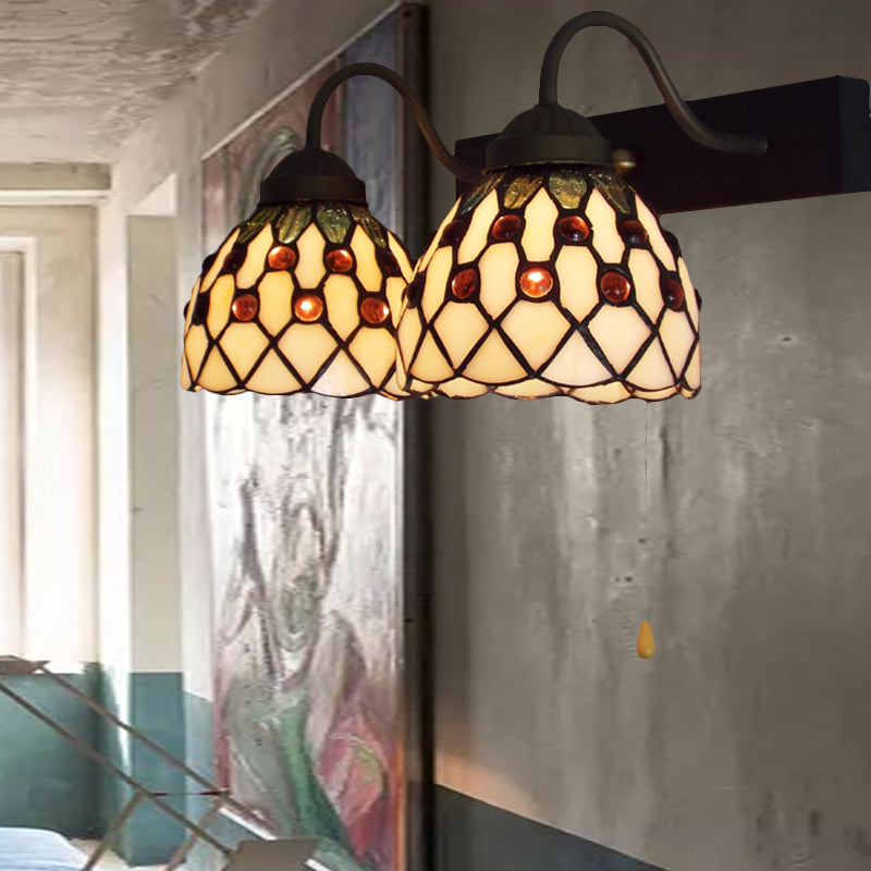 Beige Glass Black Wall Mounted Light Dome 2 Heads Tiffany Sconce Lighting with Pull Chain