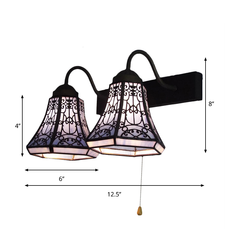 Blue Flared Wall Light Fixture Tiffany 2 Heads Stained Glass Sconce Lighting with Pull Chain Switch