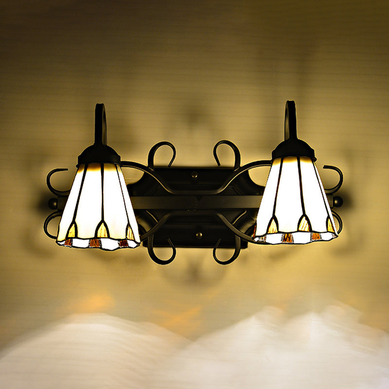 Vintage Retro Cone Sconce Light with Gooseneck Stained Glass 2 Heads Wall Light in Beige for Bedroom