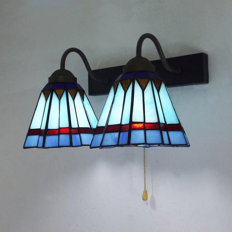 Mediterranean Cone Sconce Light 2 Heads Blue Glass Wall Mount Light with Pull Chain