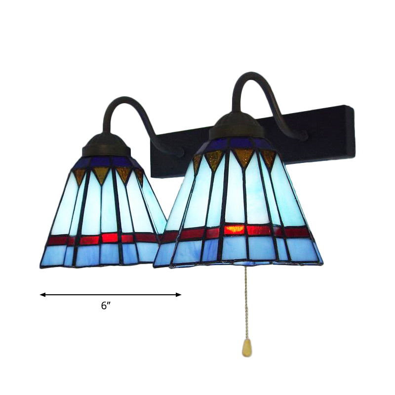 Mediterranean Cone Sconce Light 2 Heads Blue Glass Wall Mount Light with Pull Chain