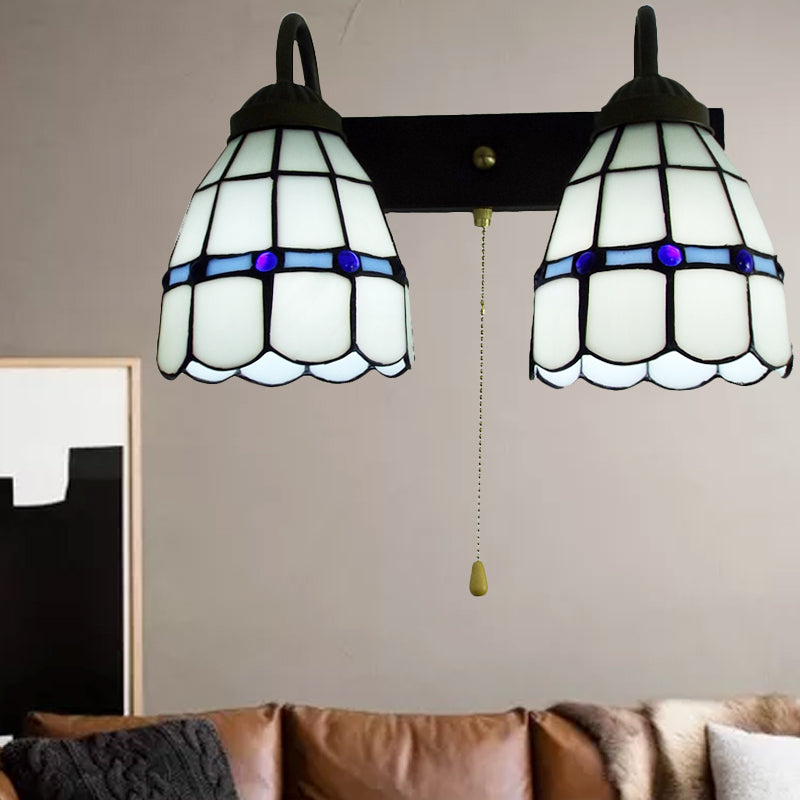 1 Head Sconce Light Tiffany Grid Patterned White Glass Wall Mounted Light with Pull Chain