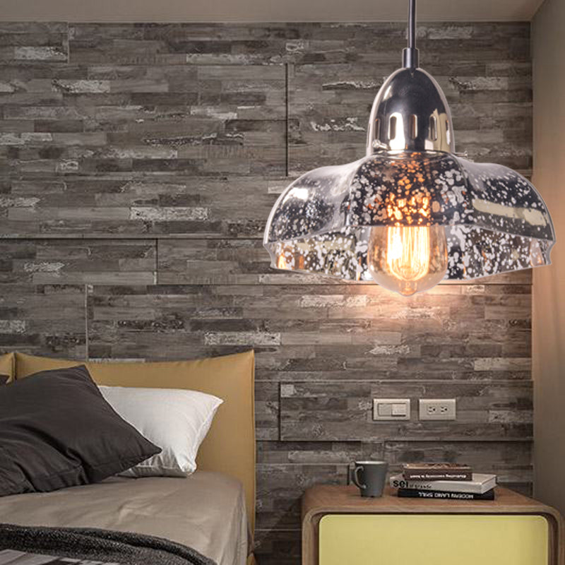 Silver svasato/ciotola/cono illuminazione a sospensione industriale 1 appuntamento con soffitto in vetro di mercurio chiaro per camera da letto