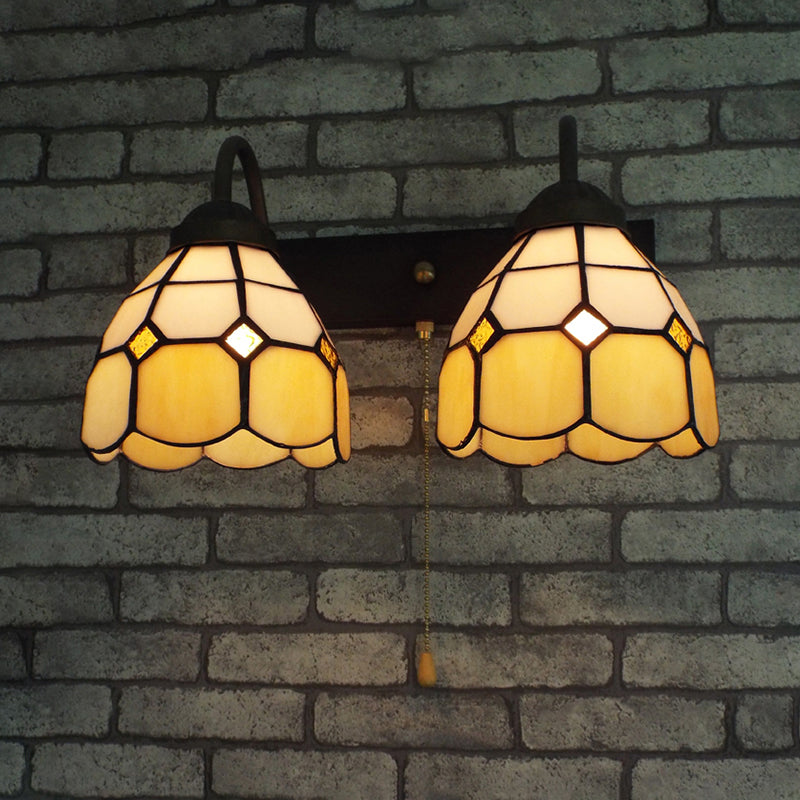 Dome Beige Glass Wall Light Fixture Tiffany 2 Heads Black Sconce Lighting with Pull Chain Switch