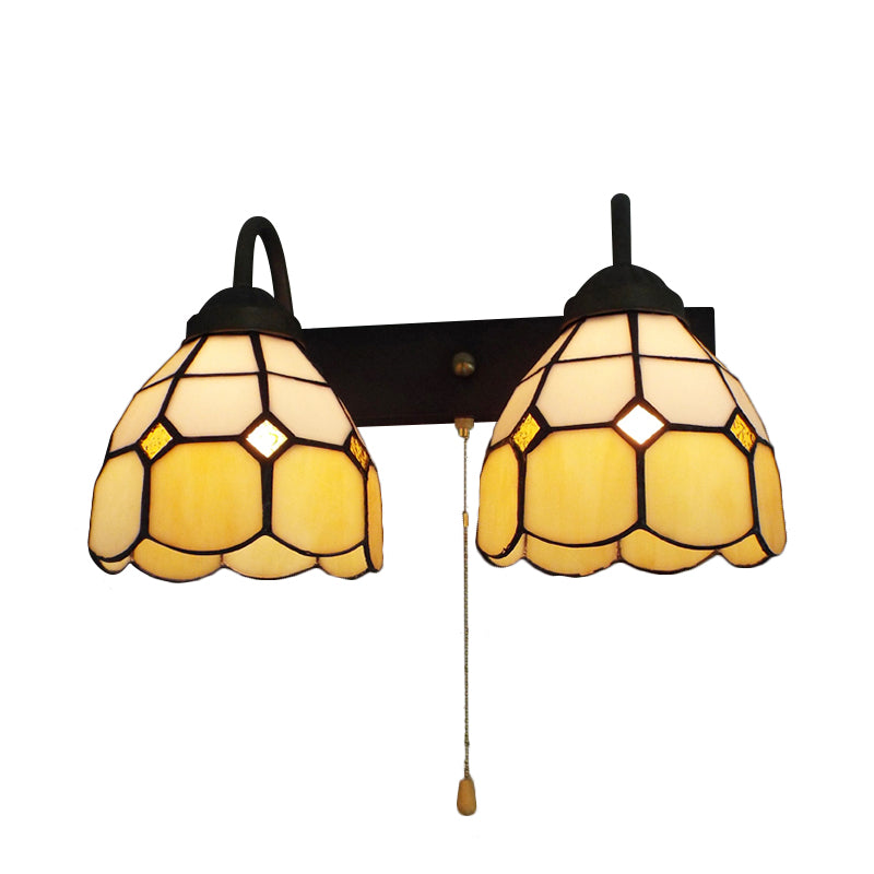 Dome Beige Glass Wall Light Fixture Tiffany 2 Heads Black Sconce Lighting with Pull Chain Switch