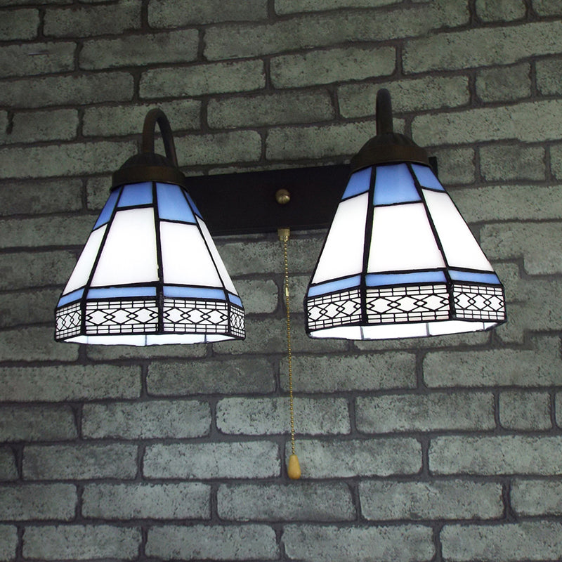 2 Heads Wall Mounted Light Tiffany Conical White Glass Sconce Light with Pull Chain