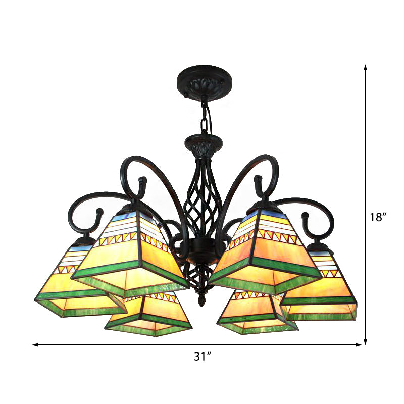 Piramide hanglampverlichting 6 lichten zendingsstijl gebrandschilderd glasophanglicht voor woonkamer