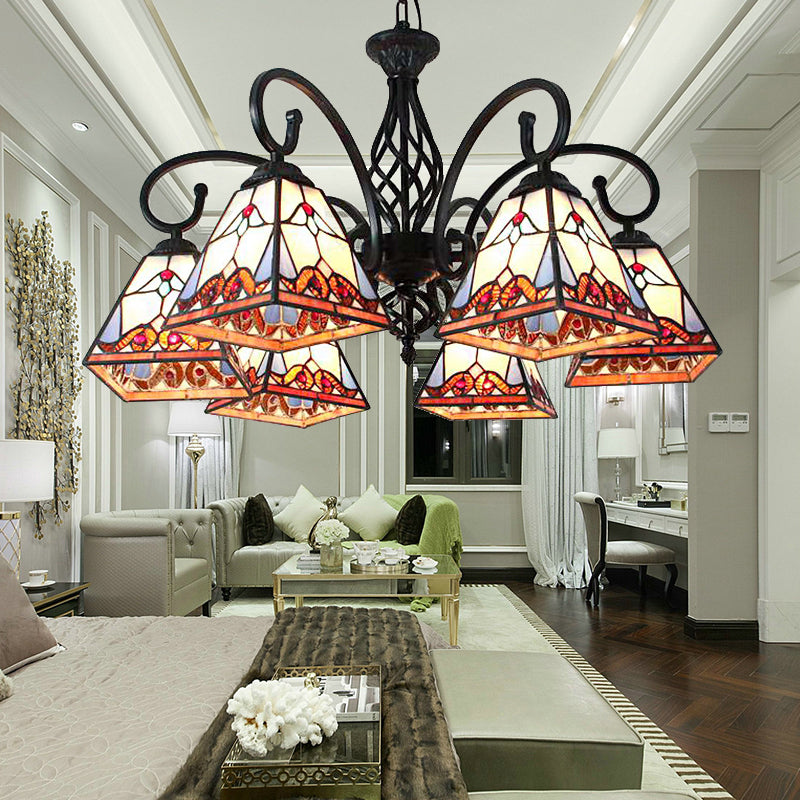 Stained Glass Pyramid Chandelier 6 Lights Traditional Hanging Ceiling Light for Foyer