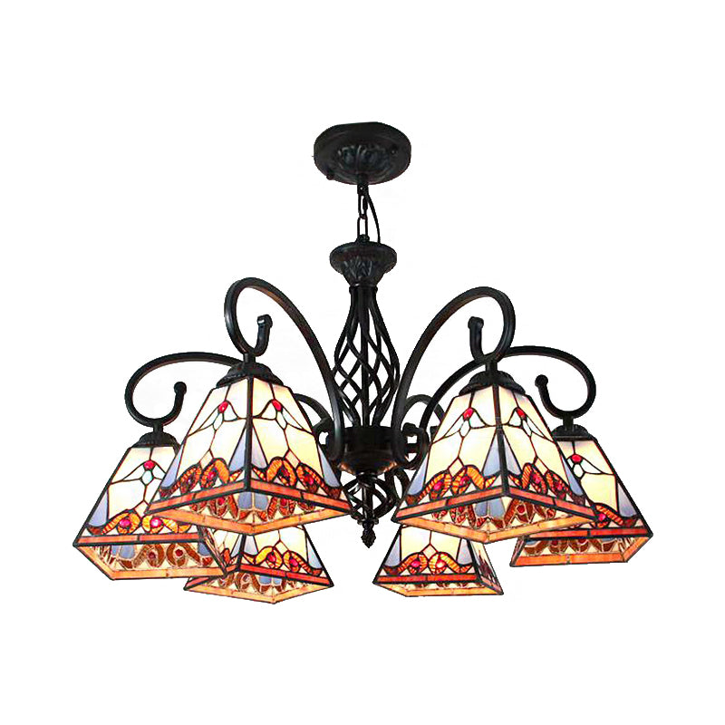 Stained Glass Pyramid Chandelier 6 Lights Traditional Hanging Ceiling Light for Foyer