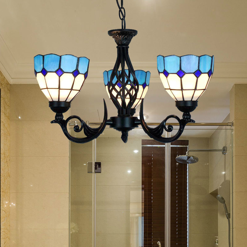 3 luces Luz colgante de tazón con patrón de cuadrícula y cadena de metal lámpara de lámpara de vidrio azul para dormitorio