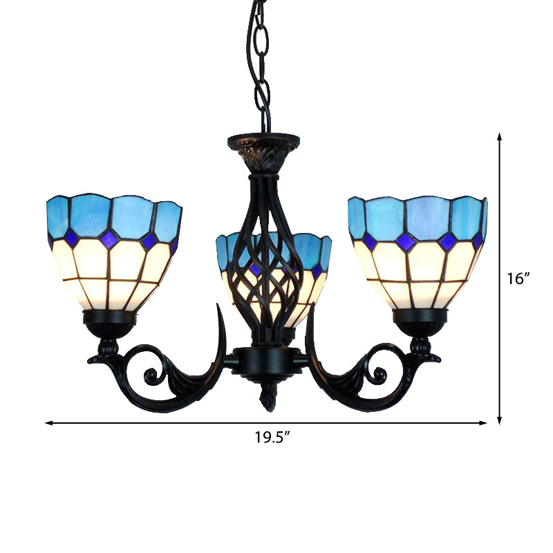 3 Lights Bowl Pendant Light with Grid Pattern and Metal Chain Blue Glass Chandelier Lamp for Bedroom