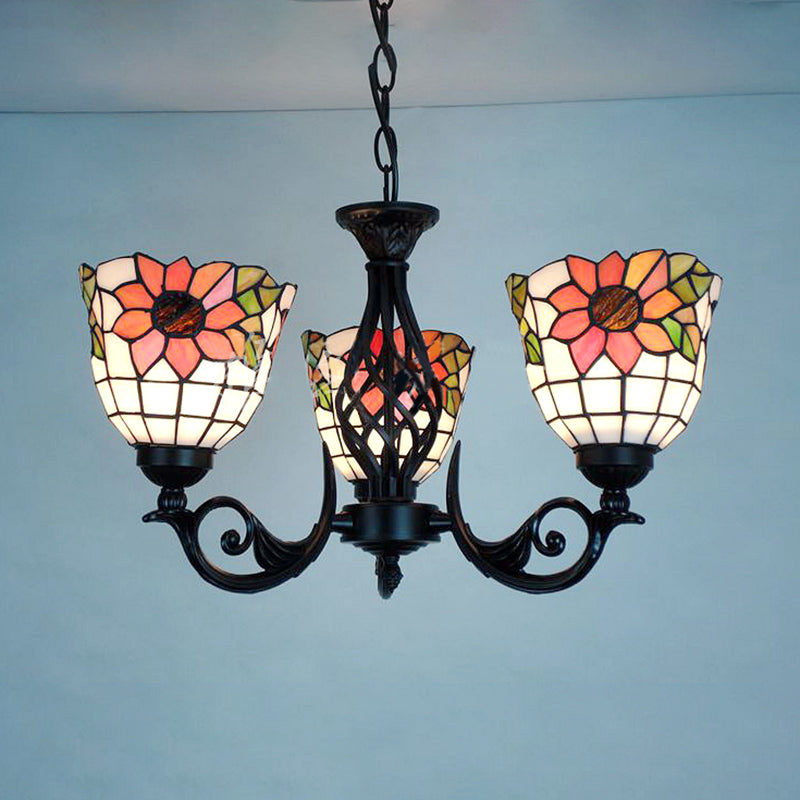 Sunflower Ceiling Chandelier Lodge Rustic 3 Lights Stained Glass Pendant Lighting in Black Finish