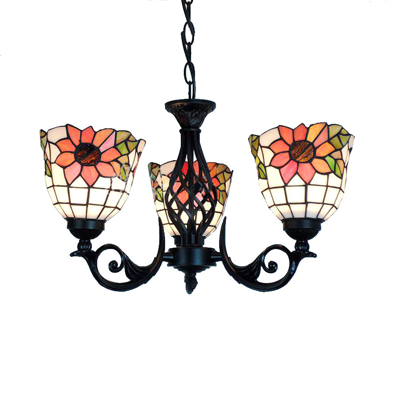 Sunflower Ceiling Chandelier Lodge Rustic 3 Lights Stained Glass Pendant Lighting in Black Finish