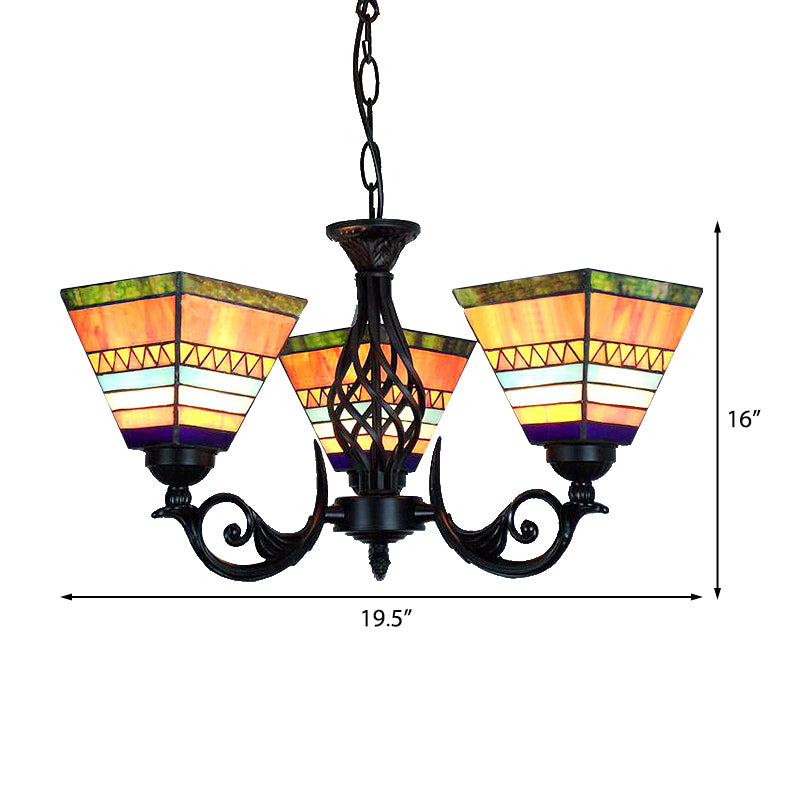 Tiffany Upward Chandelier Light with Pyramid Shade Stained Glass Mission Hanging Light in Orange