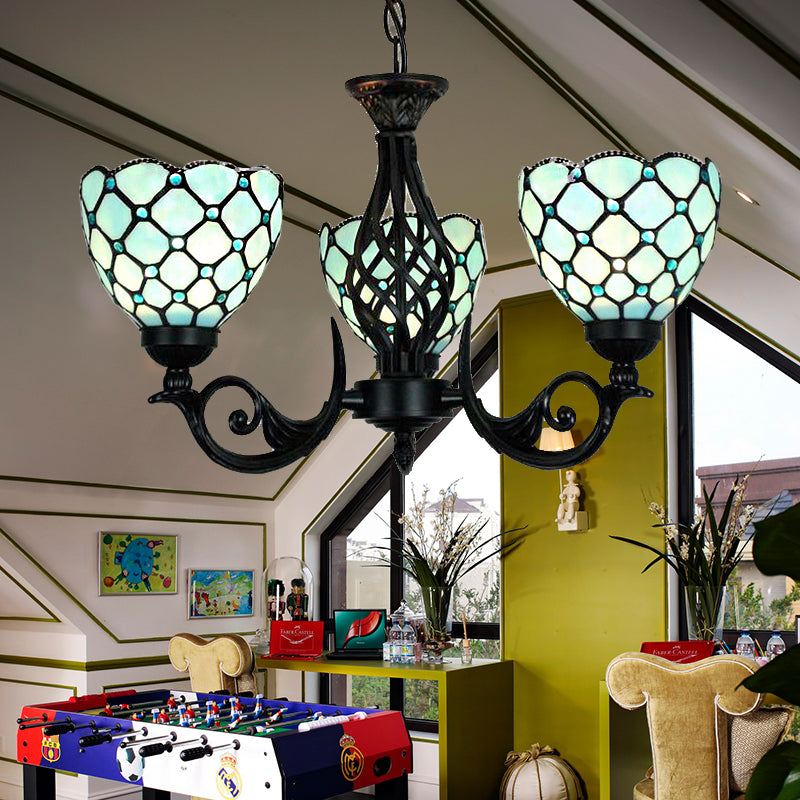 Blue Glass Bowl Hanging Chandelier with Bead Traditional 3 Lights Indoor Lighting for Foyer