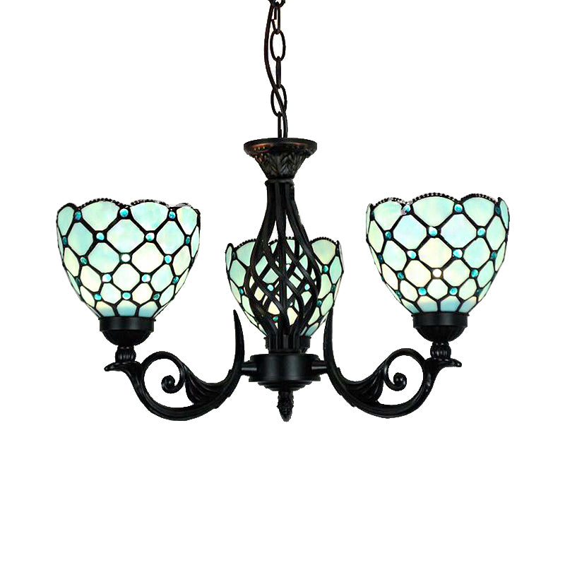 Blue Glass Bowl Hanging Chandelier with Bead Traditional 3 Lights Indoor Lighting for Foyer