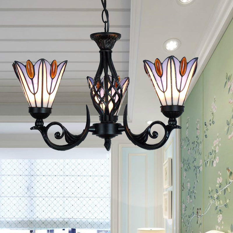Floral Hanging Light with Metal Chain Stained Glass Tiffany Pendant Lighting in Black Finish for Stairway