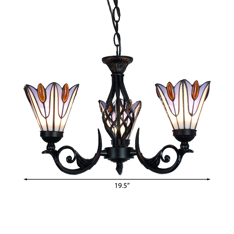 Floral Hanging Light with Metal Chain Stained Glass Tiffany Pendant Lighting in Black Finish for Stairway