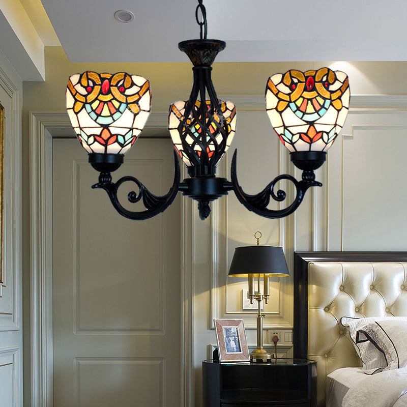 3 Lights Bowl Chandelier Lighting Stained Glass Baroque Hanging Light in Black for Living Room