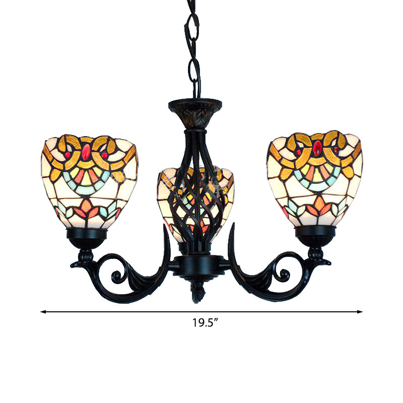 3 Lights Bowl Chandelier Lighting Stained Glass Baroque Hanging Light in Black for Living Room