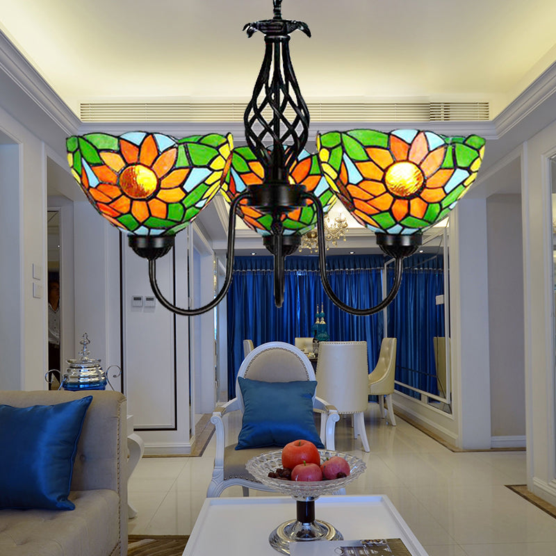 Sunflower Chandelier with Bowl Shade and Curved Arm Lodge Stained Glass Pendant Light in Green