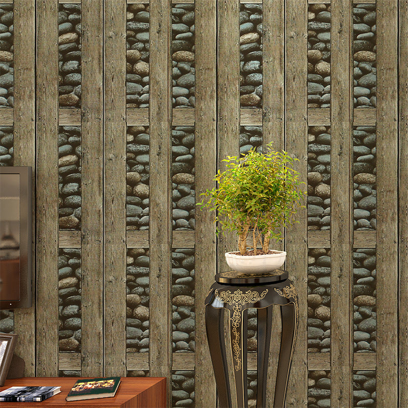 Pebble and Wood Frame Wallpaper Roll Dark Color Rustic Wall Decor for Guest Room