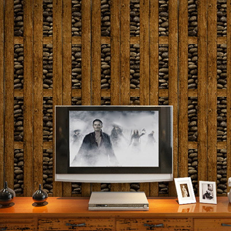 Pebble and Wood Frame Wallpaper Roll Dark Color Rustic Wall Decor for Guest Room
