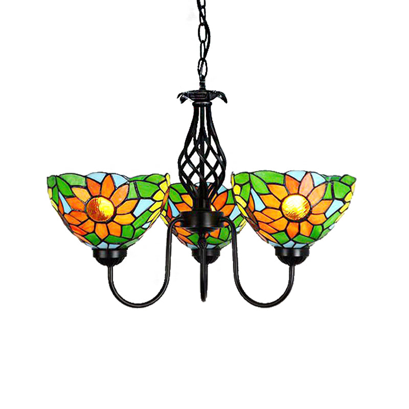 Sunflower Chandelier with Bowl Shade and Curved Arm Lodge Stained Glass Pendant Light in Green