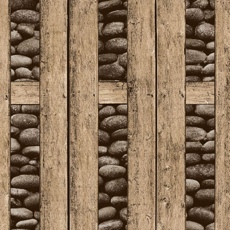 Pebble and Wood Frame Wallpaper Roll Dark Color Rustic Wall Decor for Guest Room