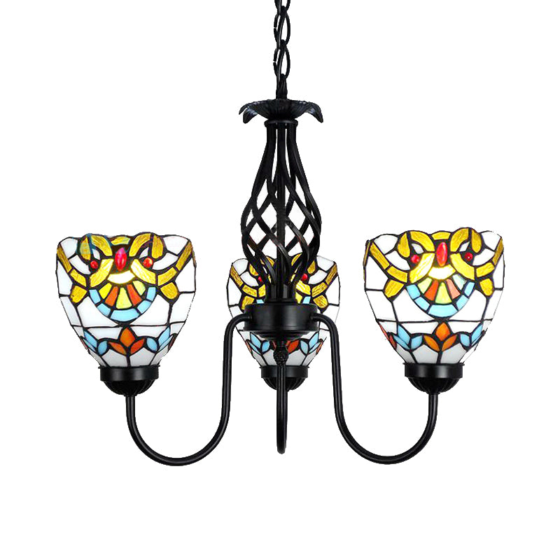 Baroque Bowl Pendant Lighting Stained Glass Ceiling Chandelier Light with Adjustable Chain in Black Finish