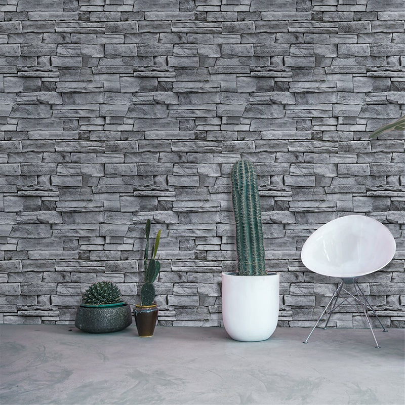 Country Brick Wallpaper Grey Self Sticking Wall Covering for Dining Room, Easy Peel off