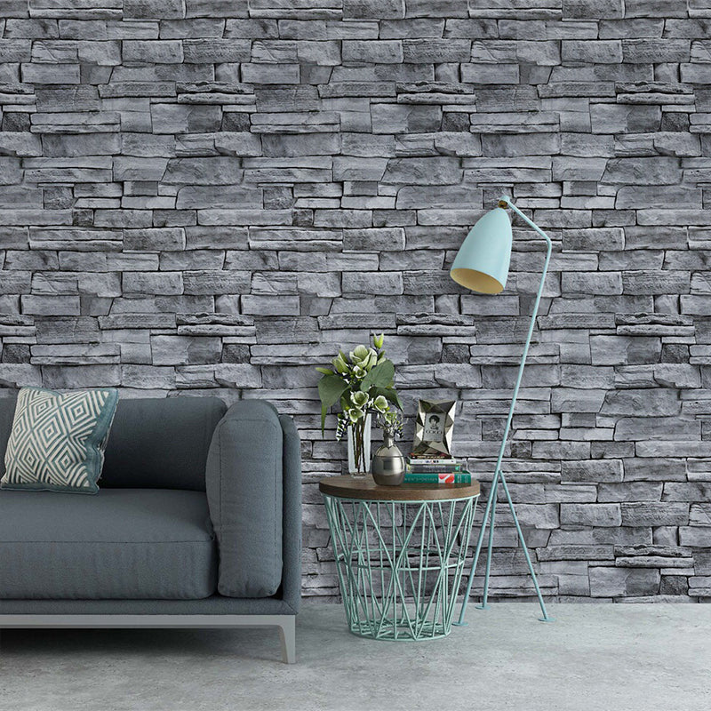 Country Brick Wallpaper Grey Self Sticking Wall Covering for Dining Room, Easy Peel off