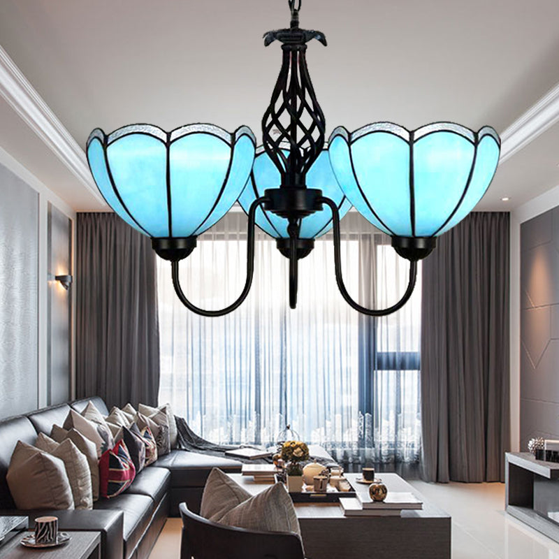 3 luces Luz de lámpara de araña festoneada Tradicional Tiffany Blue Glass Light para sala de estar