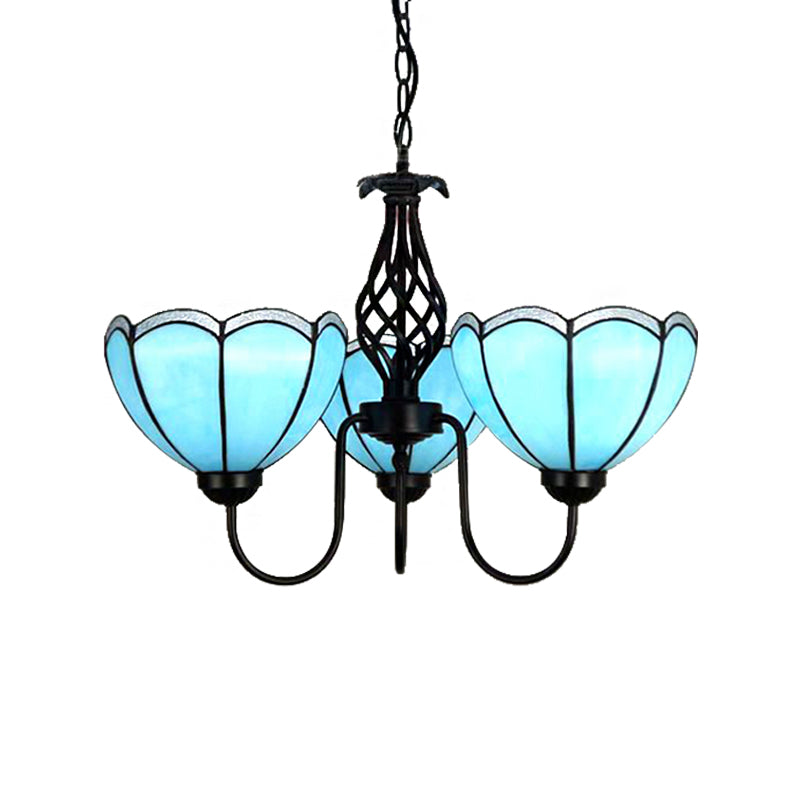 3 lichten geschulpte kroonluchter licht traditionele Tiffany blauw glas hanglamp voor woonkamer